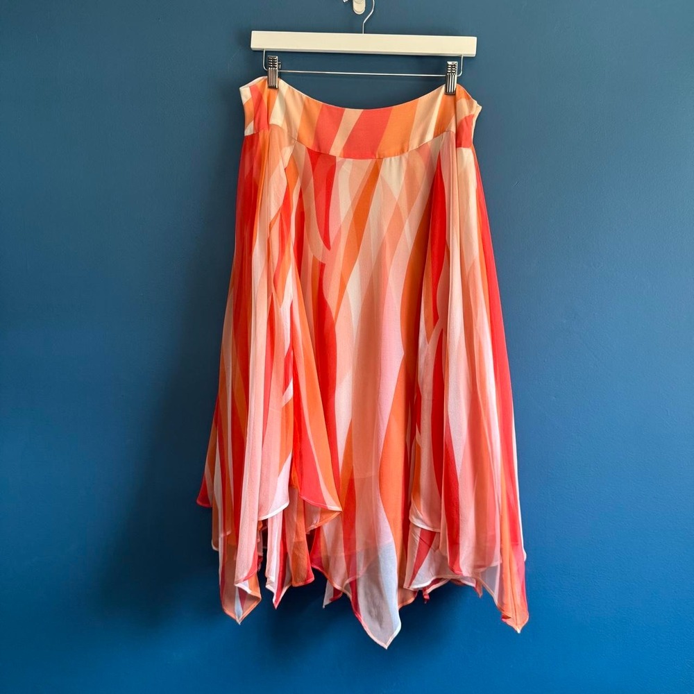 Coldwater Creek Silk Midi Skirt Women's Size Large Orange White Red Handkerchief